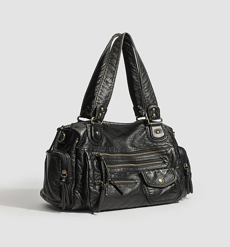 Y2K Hot Women's Punk Biker Tote Bag Large Capacity PU Leather Crossbody Purse with Multi Pockets for Work Commute Moto Style
