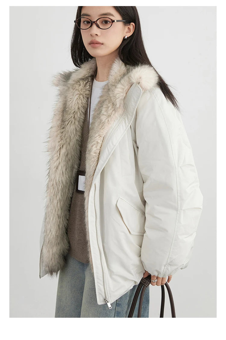 Women's Hooded Down Jacket with Faux Fur Collar