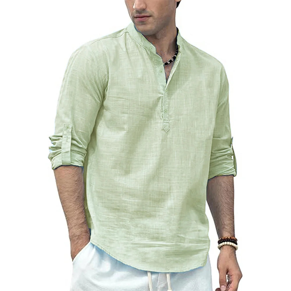 Men's Cotton Linen Long Sleeve Polo Shirt