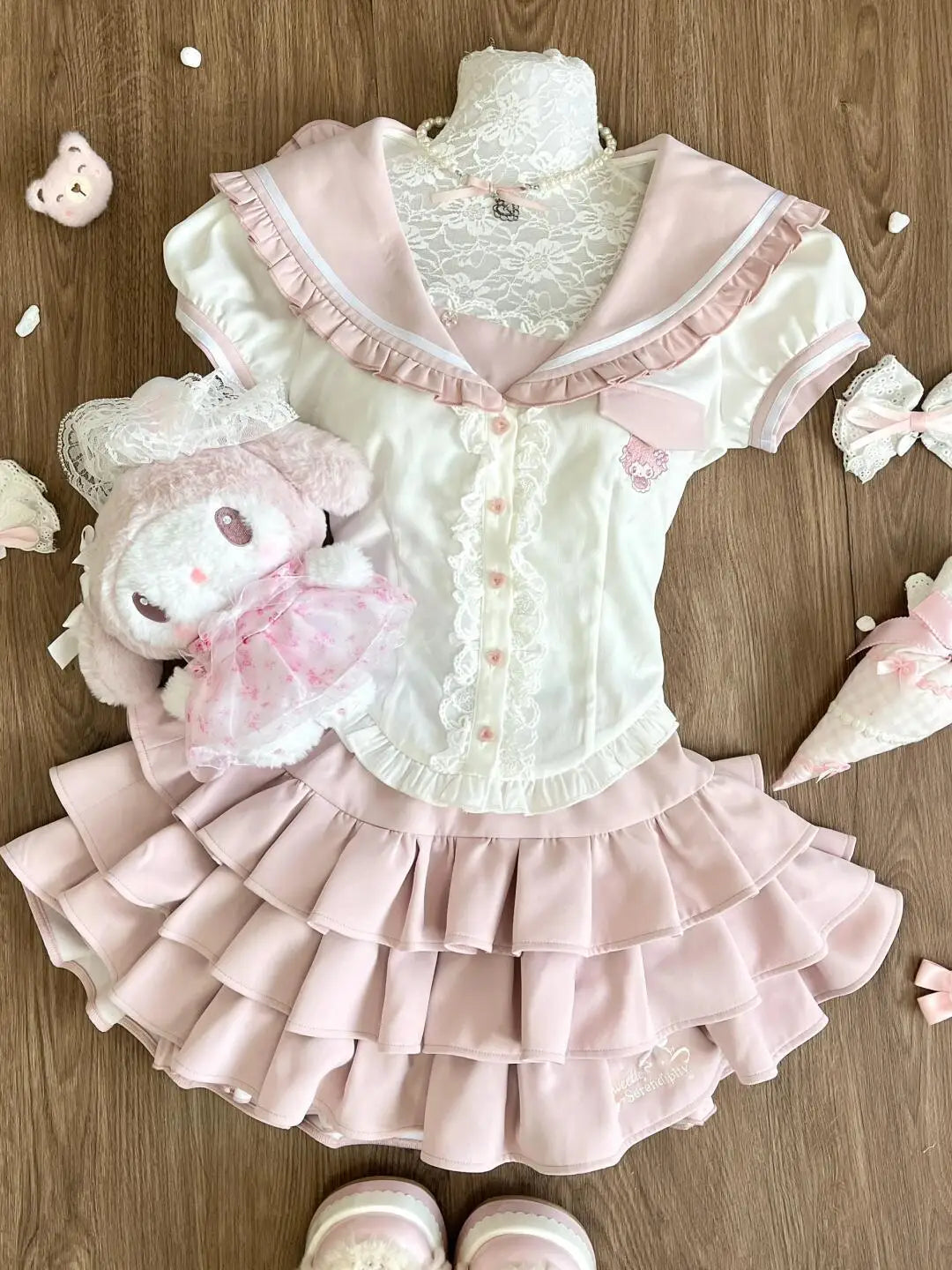 Japanese Pink Sweet Kawaii Lolita Elegant 2 Piece Sets Women Preppy Style Design Mini Skirt Suit Female Princess Chic Outfits