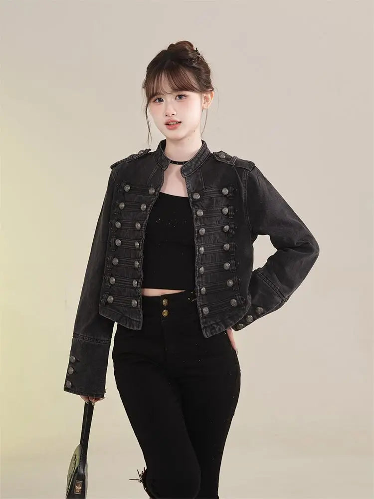 Women's American Retro Denim Military Inspired Cropped Jacket Long Sleeve Stand Collar Casual Y2k Motorcycle Coat