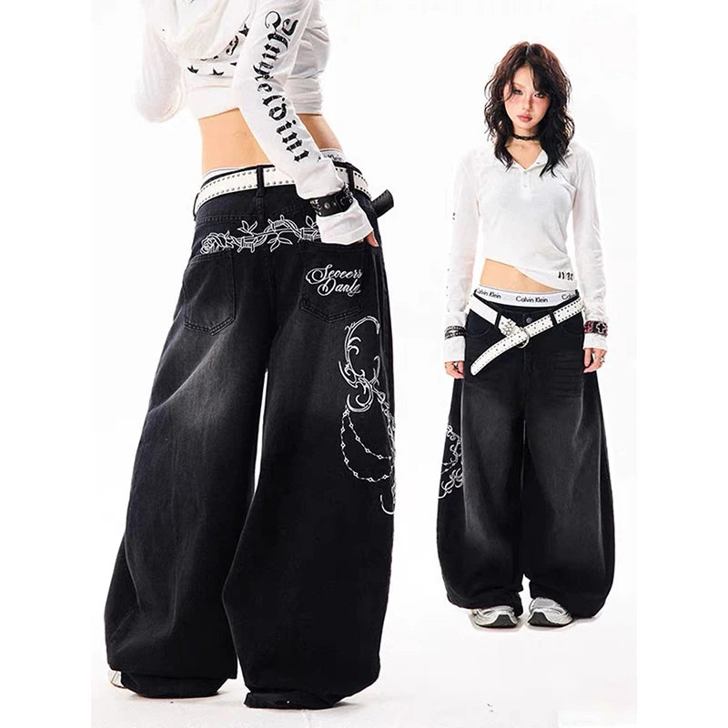 Women's Vintage Embroidery Y2K Wide Leg Baggy Jeans