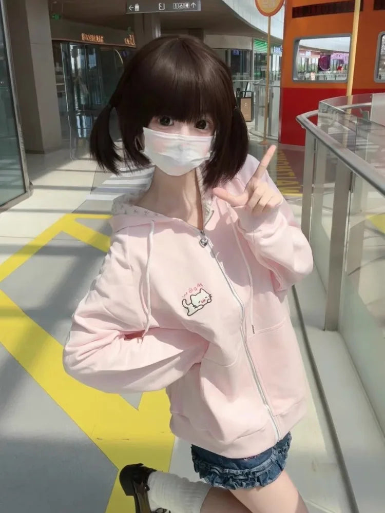 Women's Pink Embroidered Zip-Up Hoodie