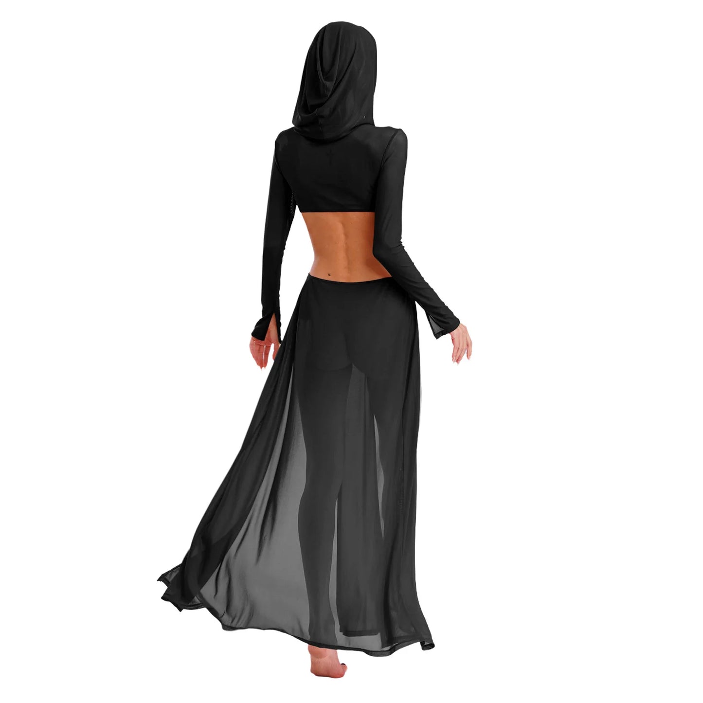 Women’s Hooded Mask Sheer Maxi Dress