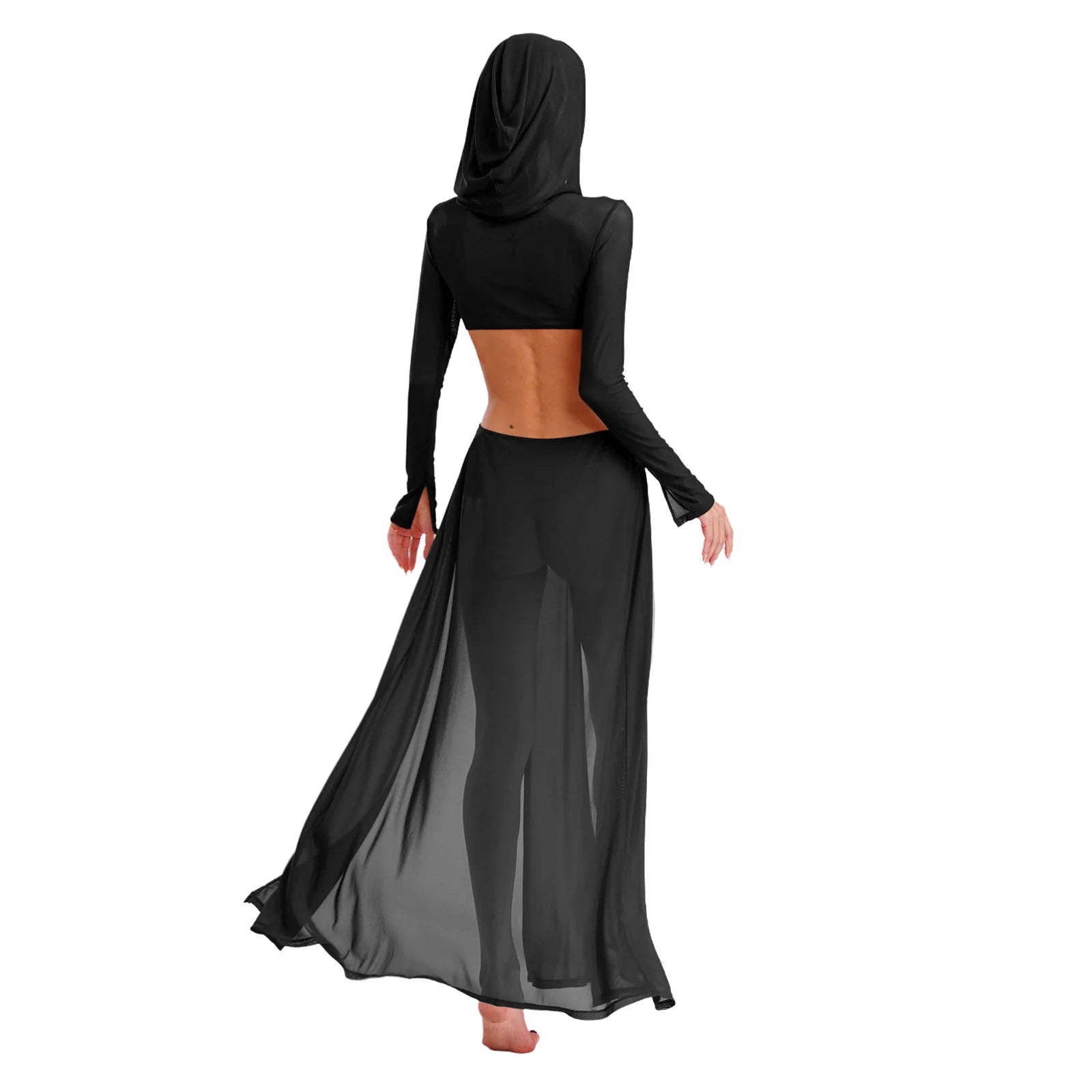 Women’s Hooded Mask Sheer Maxi Dress
