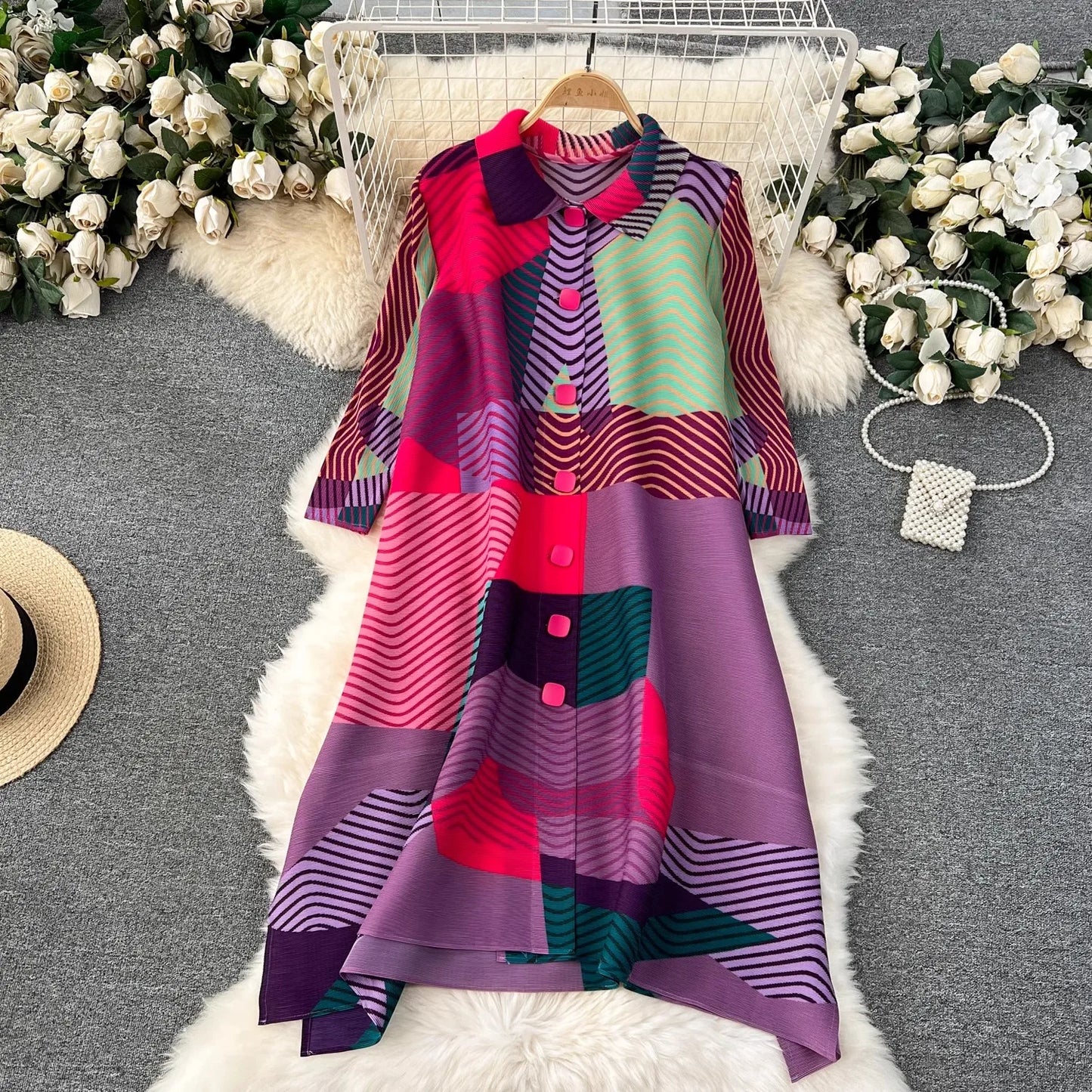 Miyake Pleated Drape Dress – Colorblock Print, 3/4 Sleeve