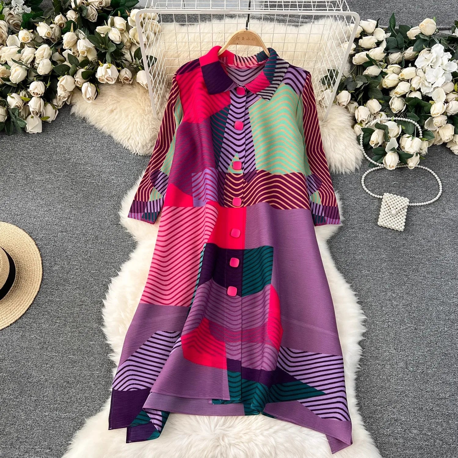 Miyake Pleated Drape Dress – Colorblock Print, 3/4 Sleeve