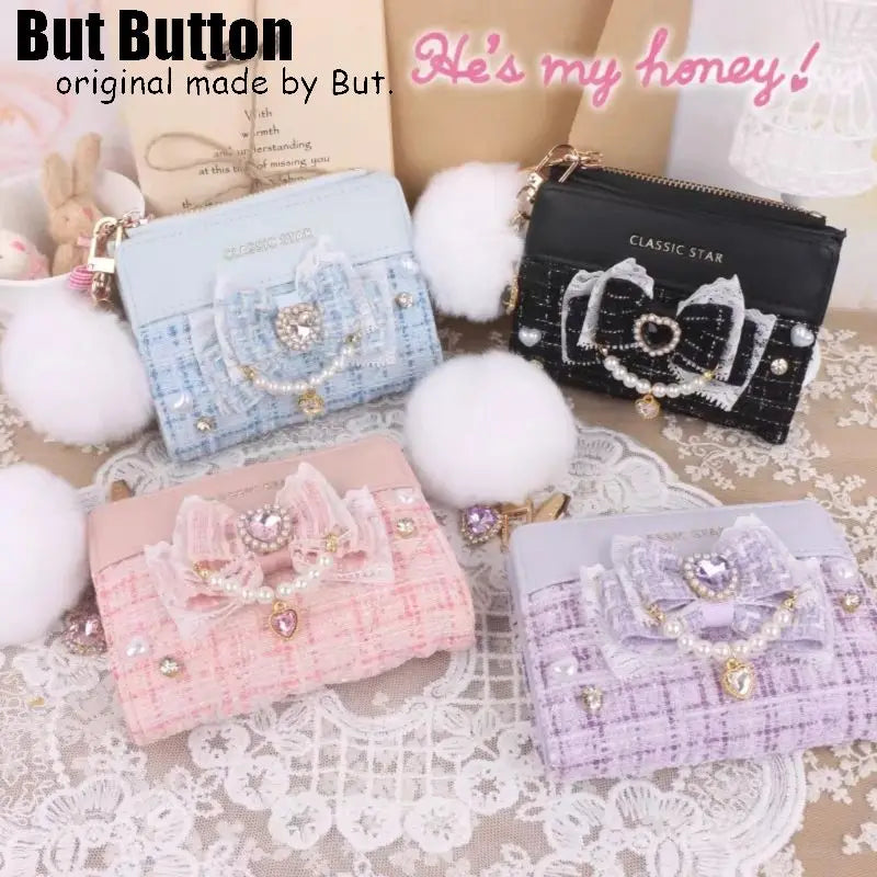 Kawaii Sweet Japanese Lolita Bow Wallet JK Harajuku Y2K Lace Rhinestone Short Wallet Mini Purse Card Holder Women Girls Gift
