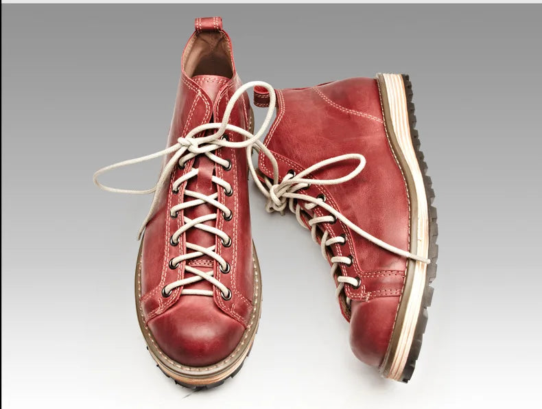 KOWM Hiking shoes men's walking boots British thick soled cowhide high top motorcycle boots ankle sneakers  casual trekking shoe