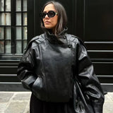 HXAO New Arrival Women's Bomber Jacket Leather Black Jackets Cropped Oversize Outerwears Zip-Up Long Sleeve Coats Outdoor Jacket