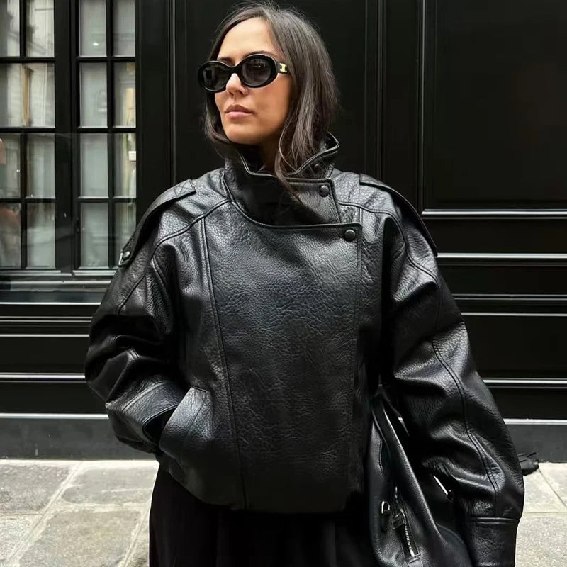 HXAO New Arrival Women's Bomber Jacket Leather Black Jackets Cropped Oversize Outerwears Zip-Up Long Sleeve Coats Outdoor Jacket