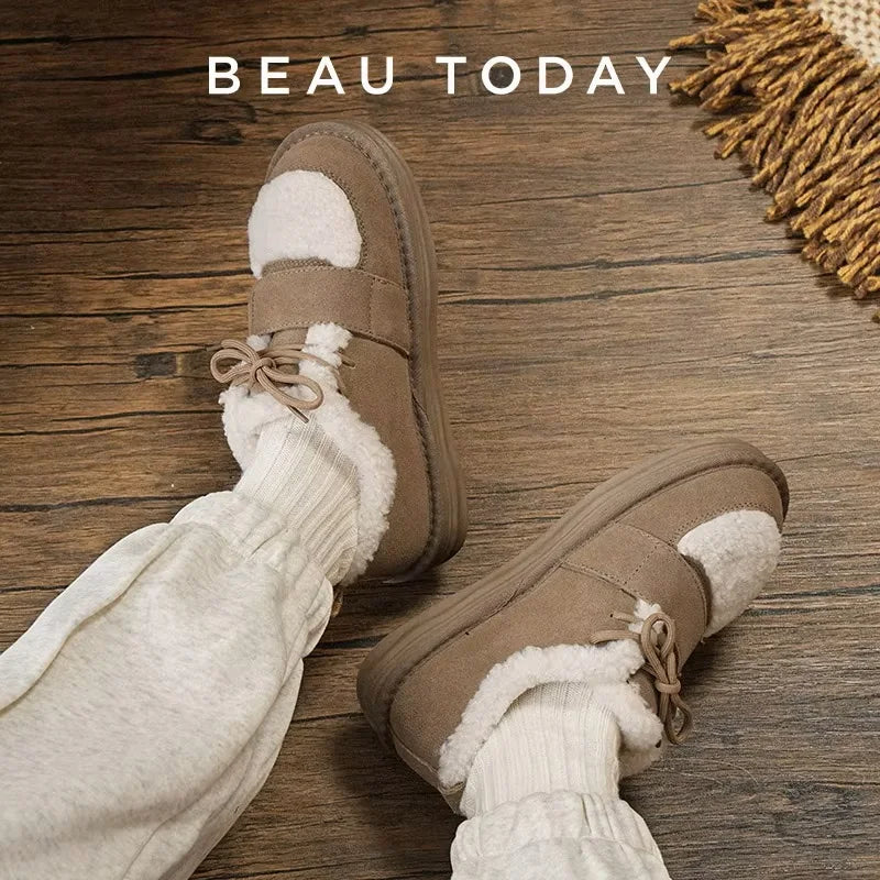 BeauToday Furry Flats Women | Cow Suede Warm Shoes