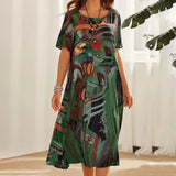 Plus Size Women's Summer Print Dress – Loose Fit Round Neck Casual Short Sleeve Midi