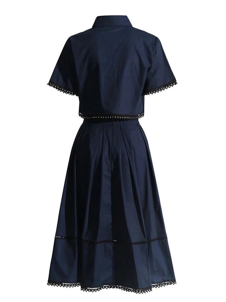 TWOTWINSTYLE Solid Two Piece Sets For Women Lapel Short Sleeve Tops High Waist A Line Skirt Slimming Sets Female Fashion Style