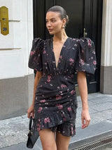 Women Elegant Printed Short Dress Chic V-neck Short Sleeve A-line Bodycon Mini Dresses 2026 Lady New Summer Vacation Street Robe