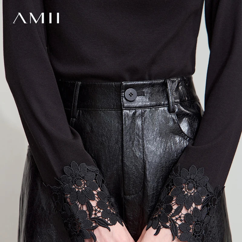 AMII Minimalist PU Leather Skirt for Women