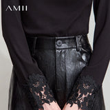 AMII Minimalist PU Leather Skirt for Women