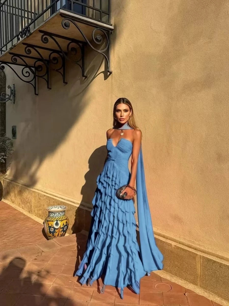 Halter Sweetheart Ruffle Chiffon Evening Gown | Maxi Dress