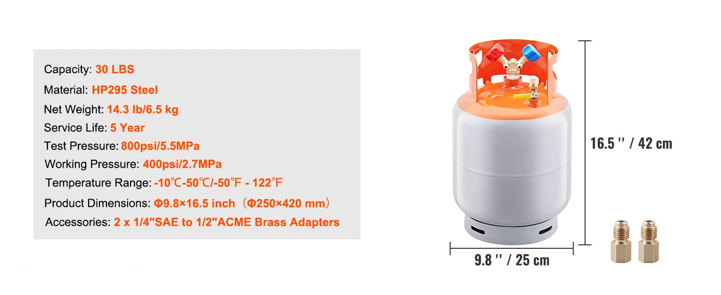 SucceBuy 30 lb Refrigerant Recovery Tank 400 psi Portable Cylinder Tank with Y-Valve for Liquid/Vapor Recovery Can for R22/R134A