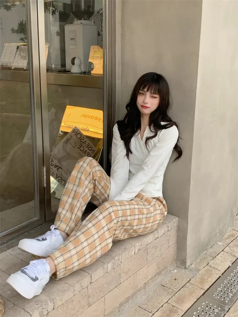 Plaid Plush Wide-Leg Trousers