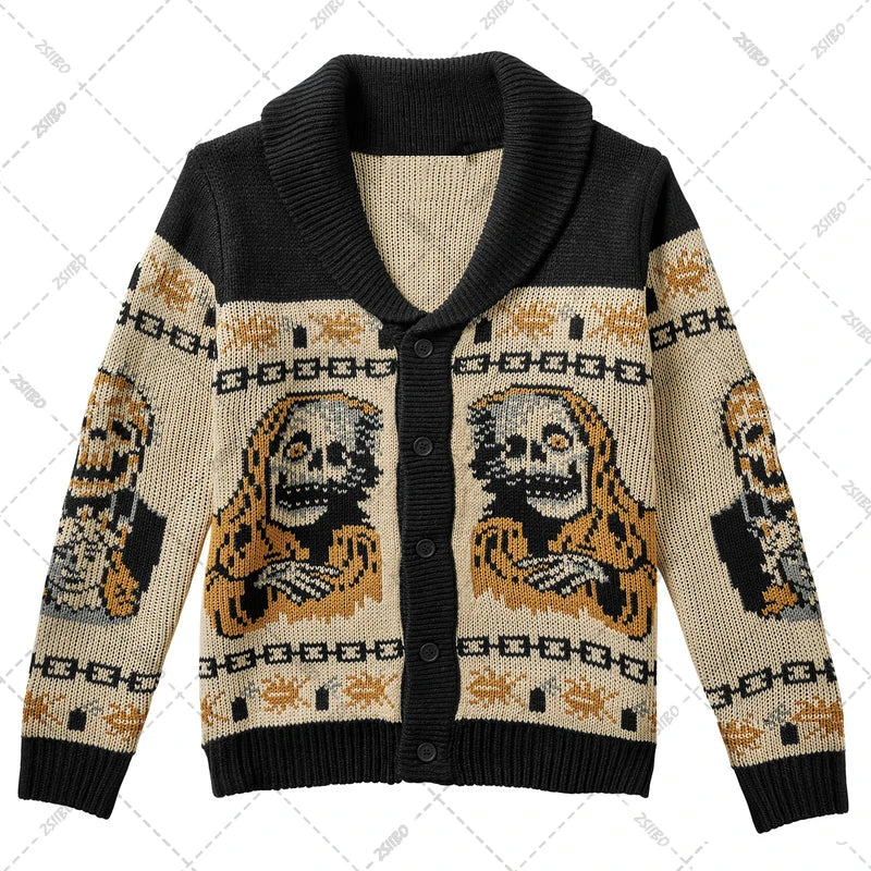 Y2K Gothic Ghost Portrait Knit Sweater – Oversized Harajuku Fall/Winter Cardigan