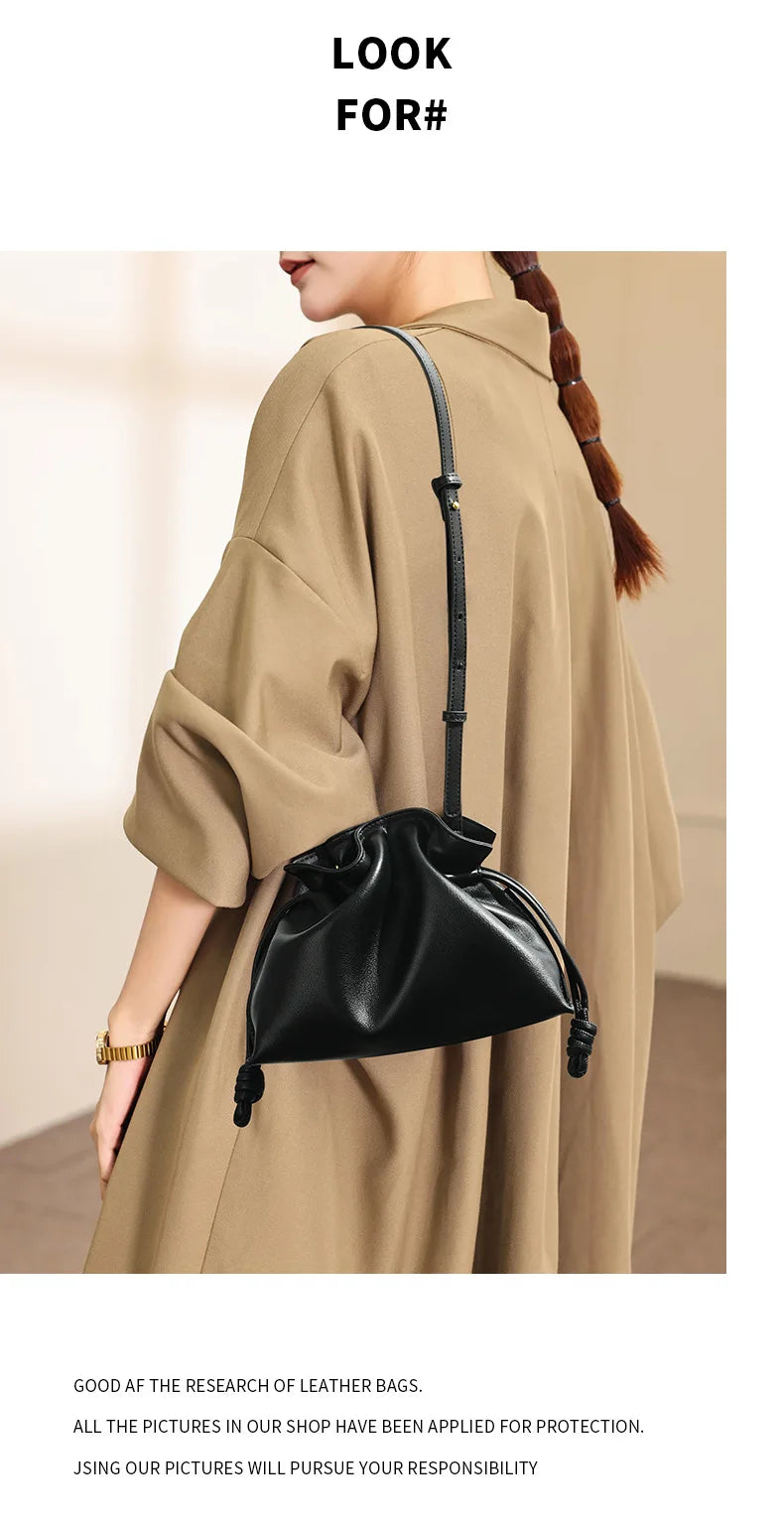 Autumn and Winter Classic Flamenco Fashion Lucky Bag Cloud Bag Genuine Leather Drawstring Shoulder Crossbody Bucket Bag for Wome