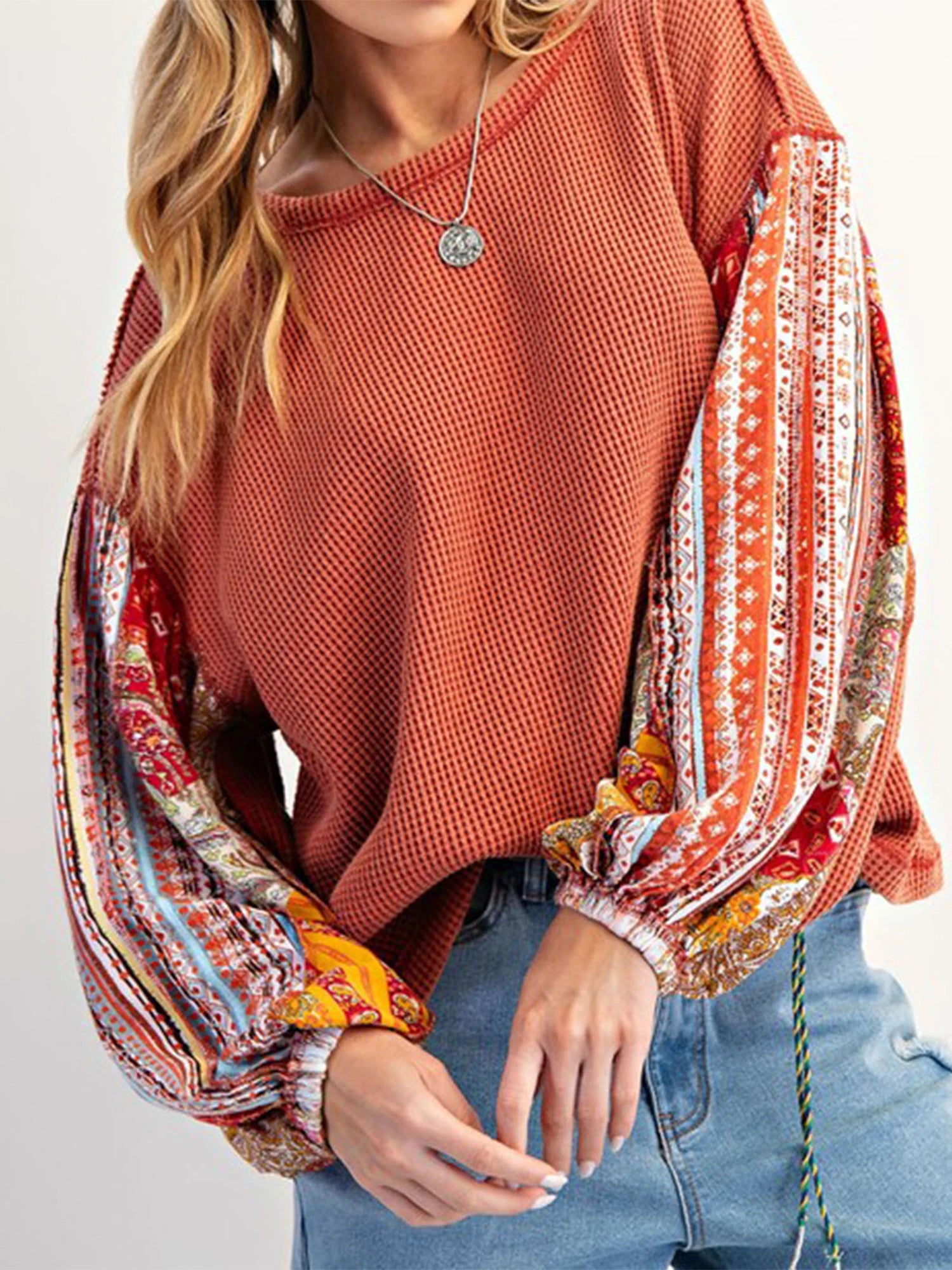 Printed Patchwork Crew Neck Hoodie