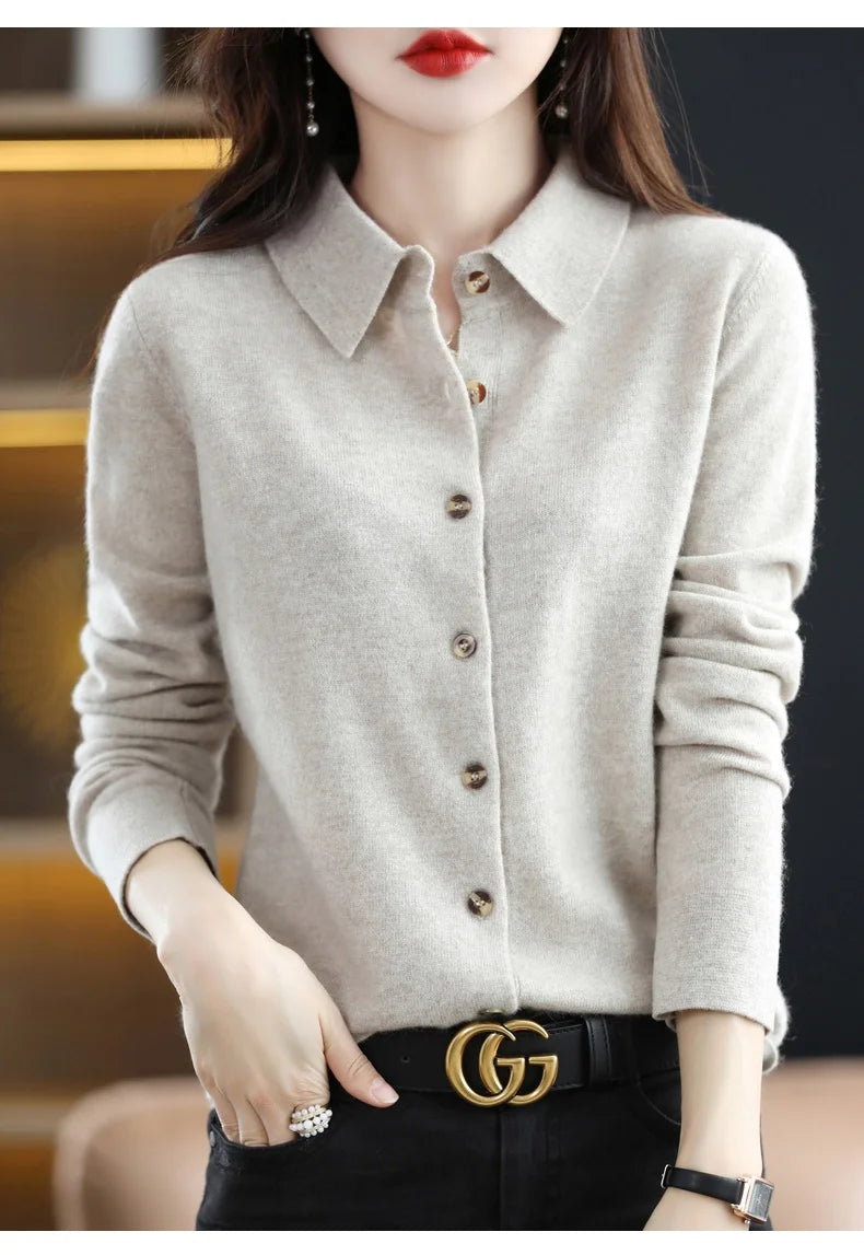 Polo Collar Spun Wool Cardigan – Elegant Single-Breasted Knit Jacket