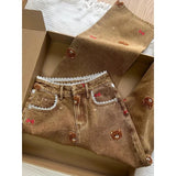 Lace Teddy Bear Patchwork Wide-Leg Jeans