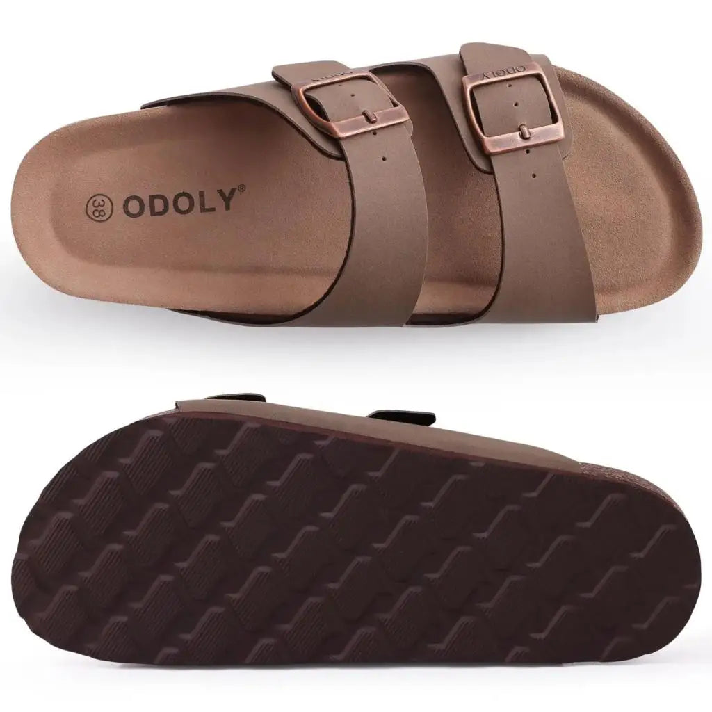 Evshine Leather Cork Footed Clogs Sandals For Women Fashion Flat Mules Slippers with Arch Support Men Double Buckle Cork Slides