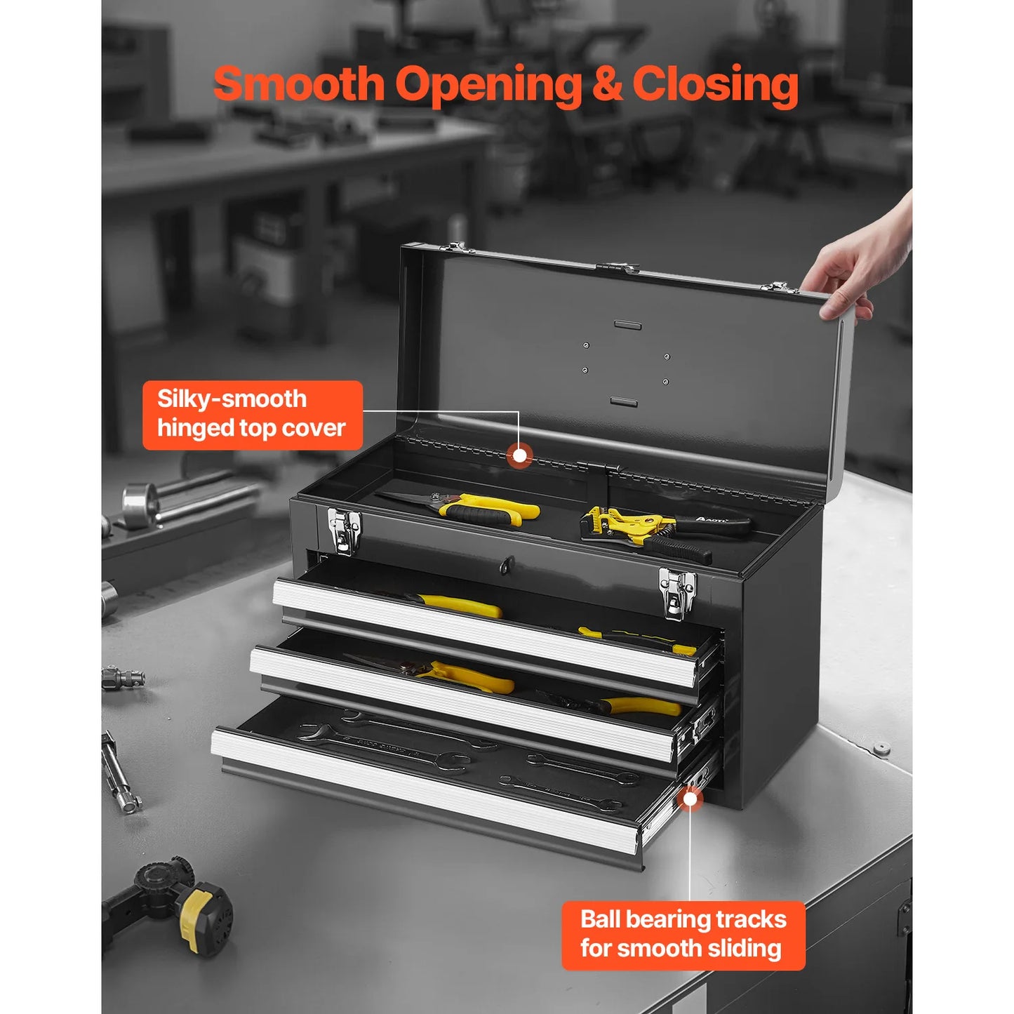 SucceBuy 20in 3-Drawer Metal Tool Box Black/Red Tool Chest with EVA Liners Multifunction Tool Organizer for Garage & Workshop