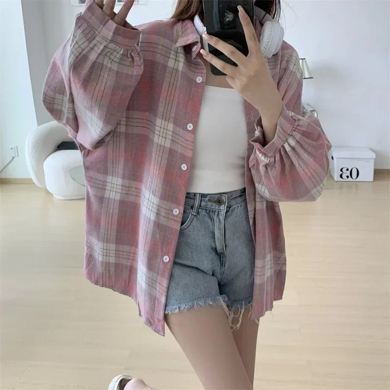 Vintage Plaid Long-Sleeve Blouse