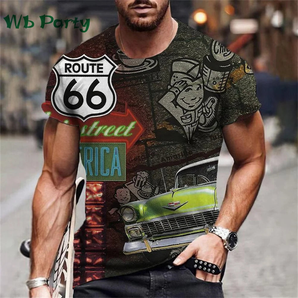 Vintage Route 66 Biker Print Men's Graphic Tee