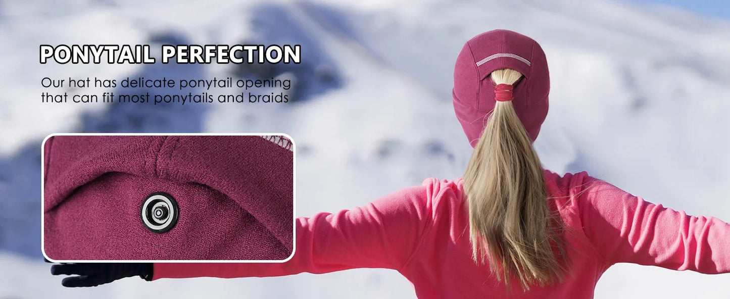 Women's Fleece Ponytail Hat with Ear Warmers & Reflective Cap