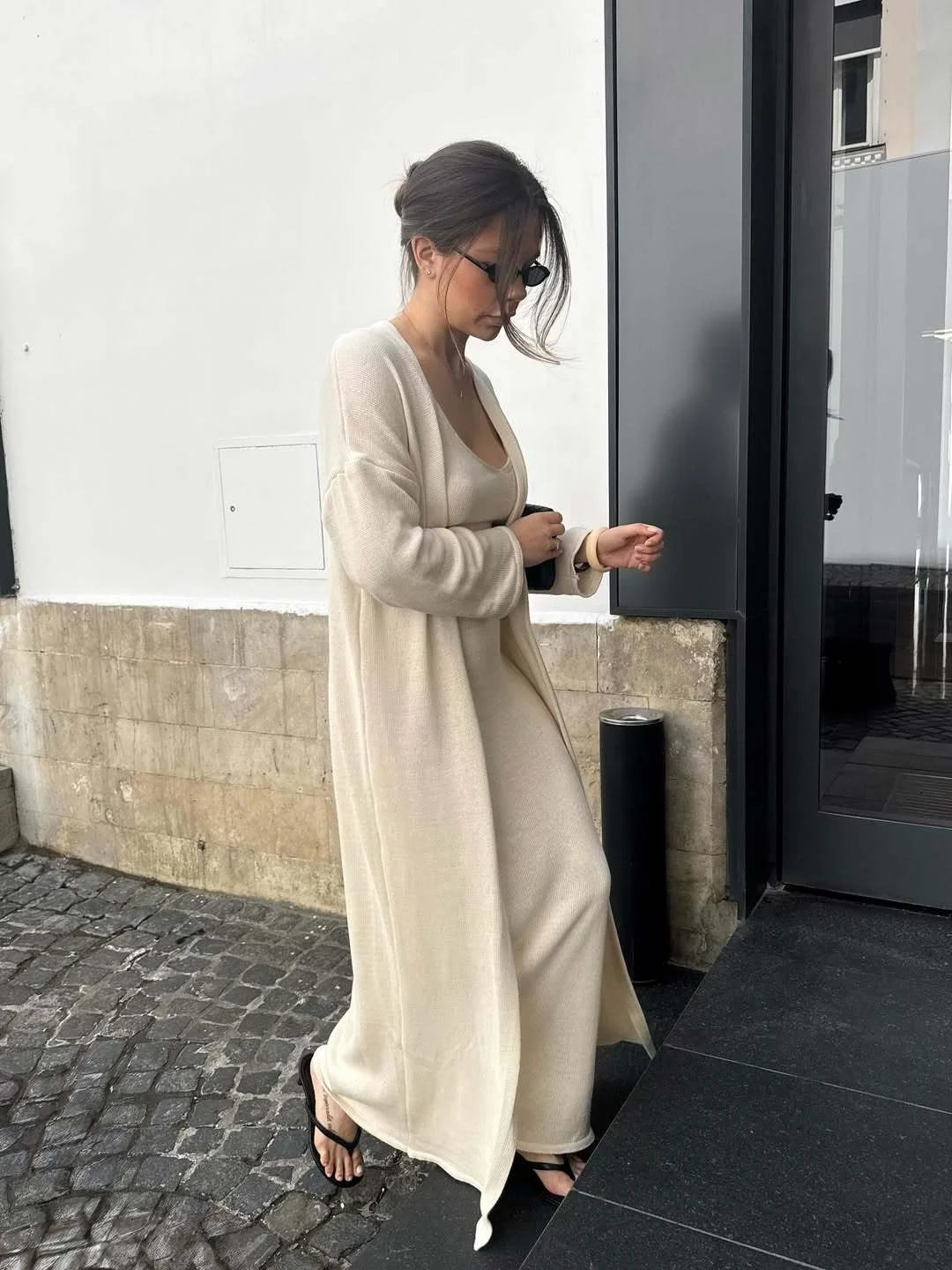 Hirsionsan Soft Loose Sets Women Two Pieces Long Sleeve Cardigan & Vest Dresses Elegant Female Hollow Outfits Cotton Tracksuit