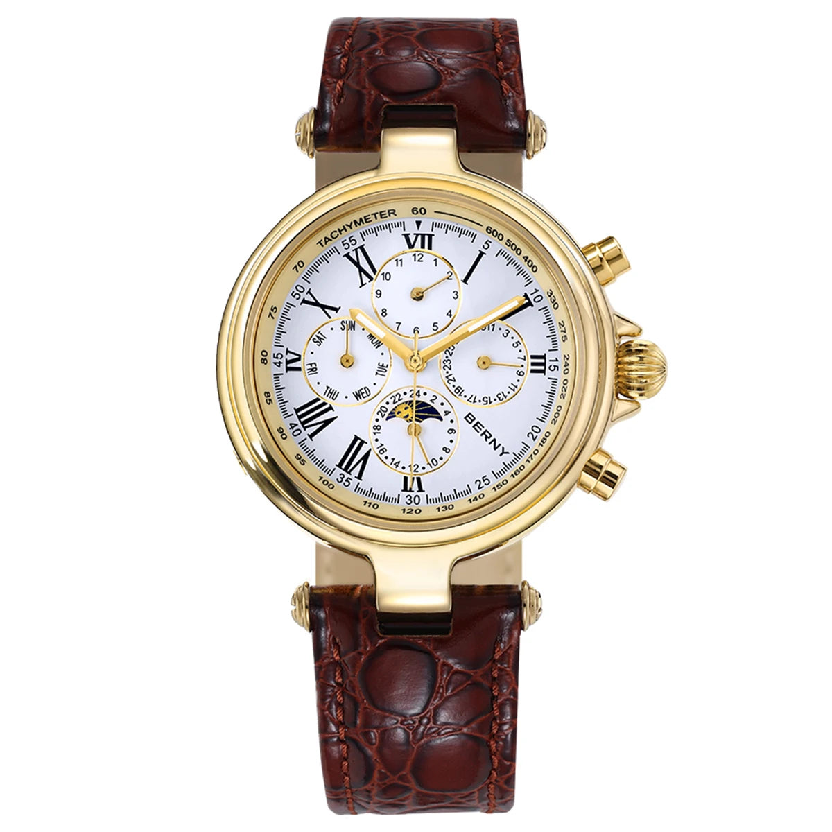BERNY Retro Automatic Men's Watch Sun&Moon Phase Luminous ST1652 Classic Genuine Leather Luxury Mechanical Men's Dress Watches