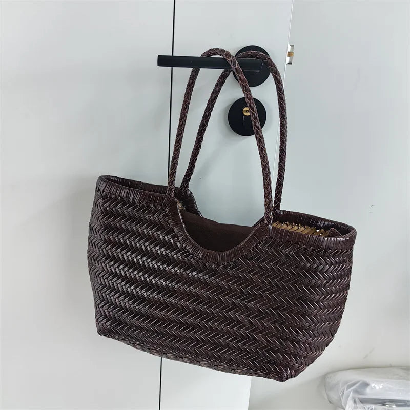 Luxury Designer Genuine Leather Cowhide Hand-woven Tote Bag High Quality Vintage Women's  Vacation Travel Beach Shoulder Bag