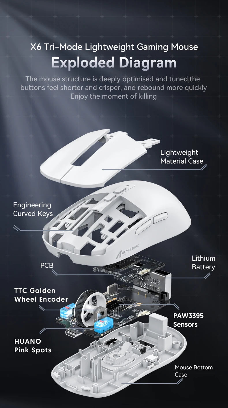Attack Shark X6 Bluetooth Mouse Gaming Wireless Tri-Mode Connection,RGB Touch Magnetic Charging Base PAW3395 Macro Gaming Mouse