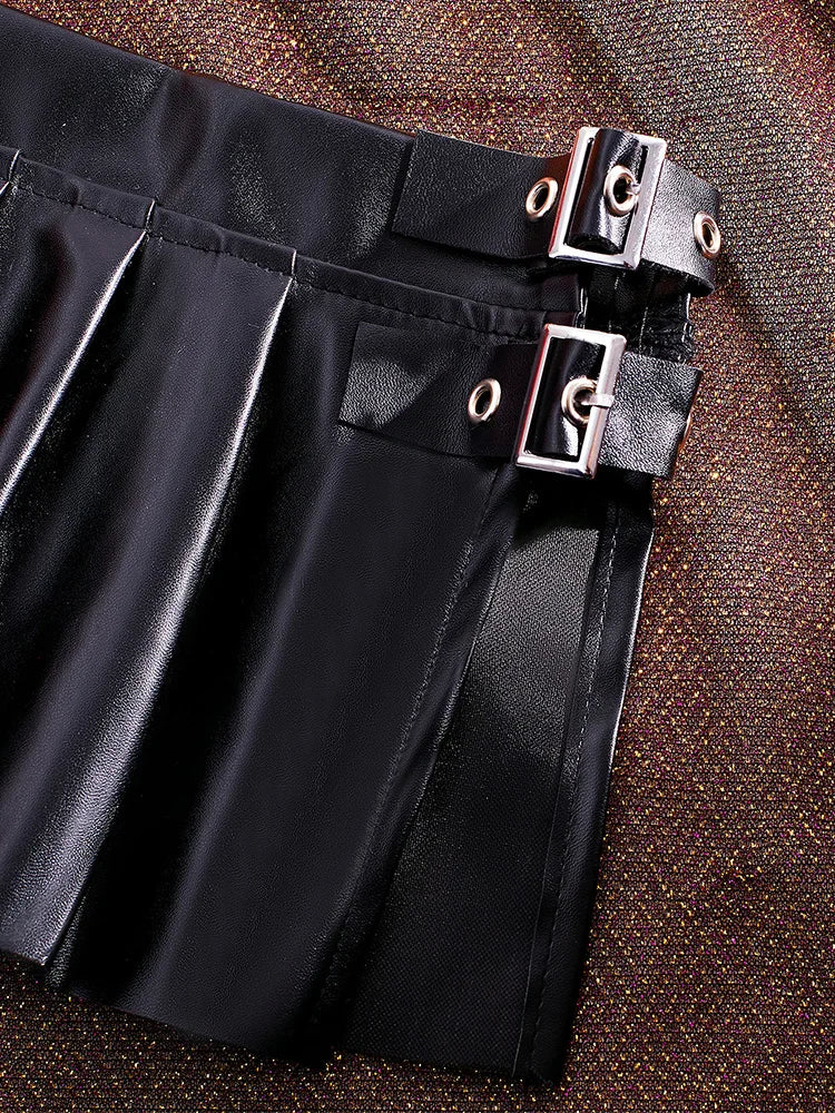 Black Faux Leather Low-Rise Pleated Mini Skirt