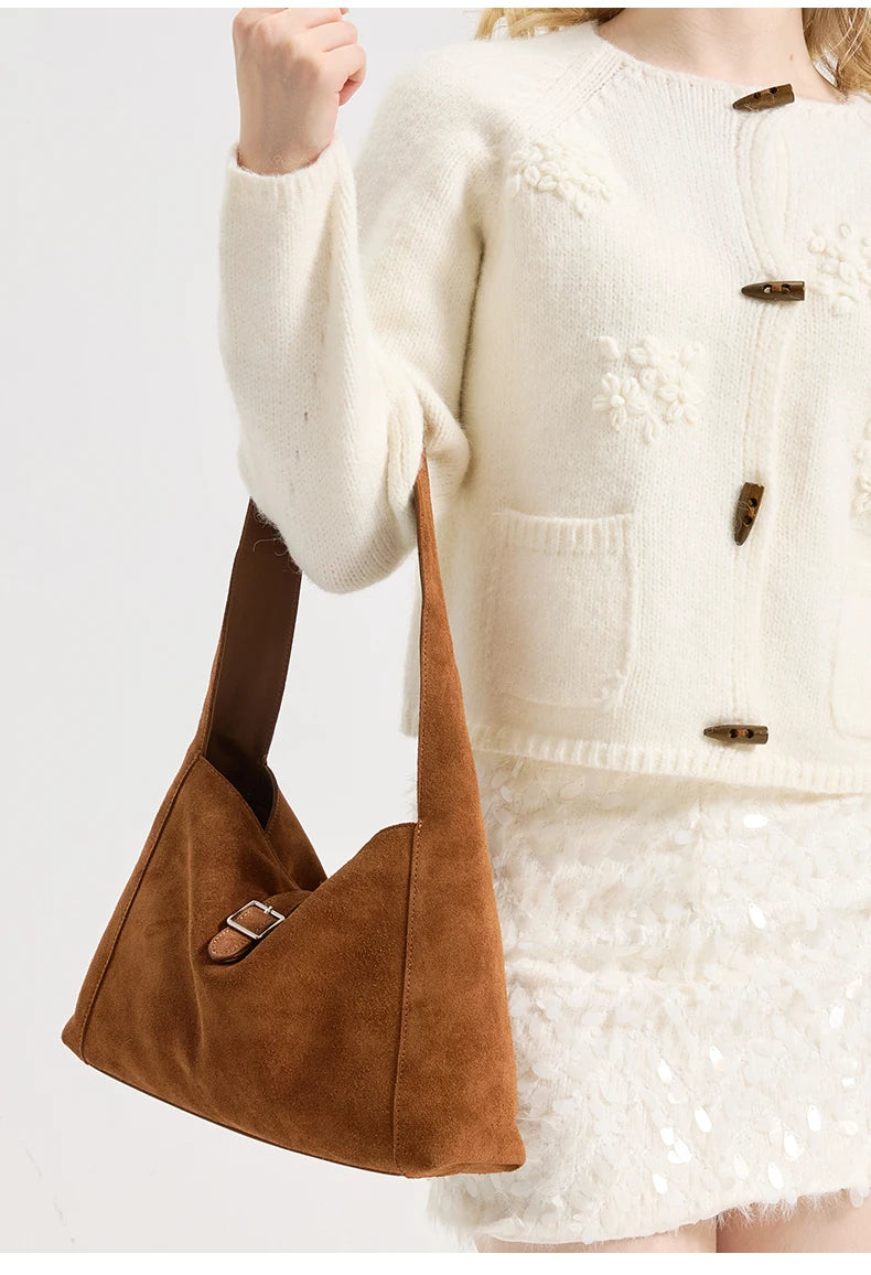 New Winter Women's Natural Suede Leather Bags Female Soft Cowhide Durable Crossbody Shoulder Bag Ladies Fashion Commute Handbags