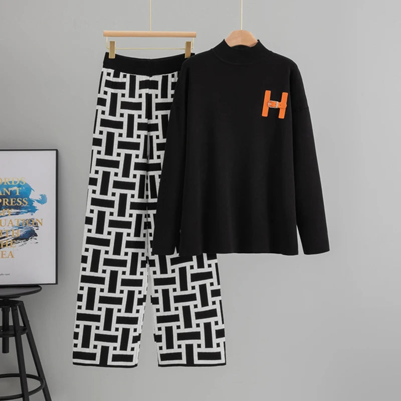 Women’s Autumn Color-Block Knit Set | Loose Split Top & Wide Leg Pants