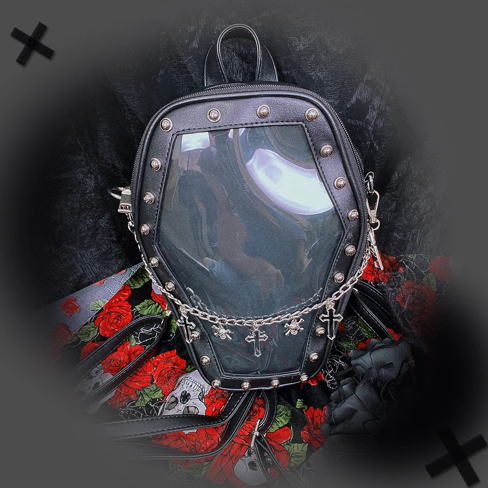 Gothic Punk Coffin Shape Ita Bag Women Clear Backpacks Dark Lolita Handbag and Shoulder Bag Girls Cosplay Designer 2 Insert
