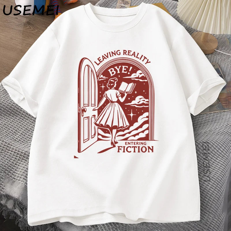 Leaving Reality Entering Fiction T Shirt Men Women Vintage Funny Bookish Book Lover Tshirt Woman Reading T-shirt Streetwear