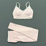 2Pcs HISTELLO Women's Seamless Yoga Fitness Set Ignite Sculpt Scrunch Leggings Strappy Halter Bra Gym Sports Fitness Outfit