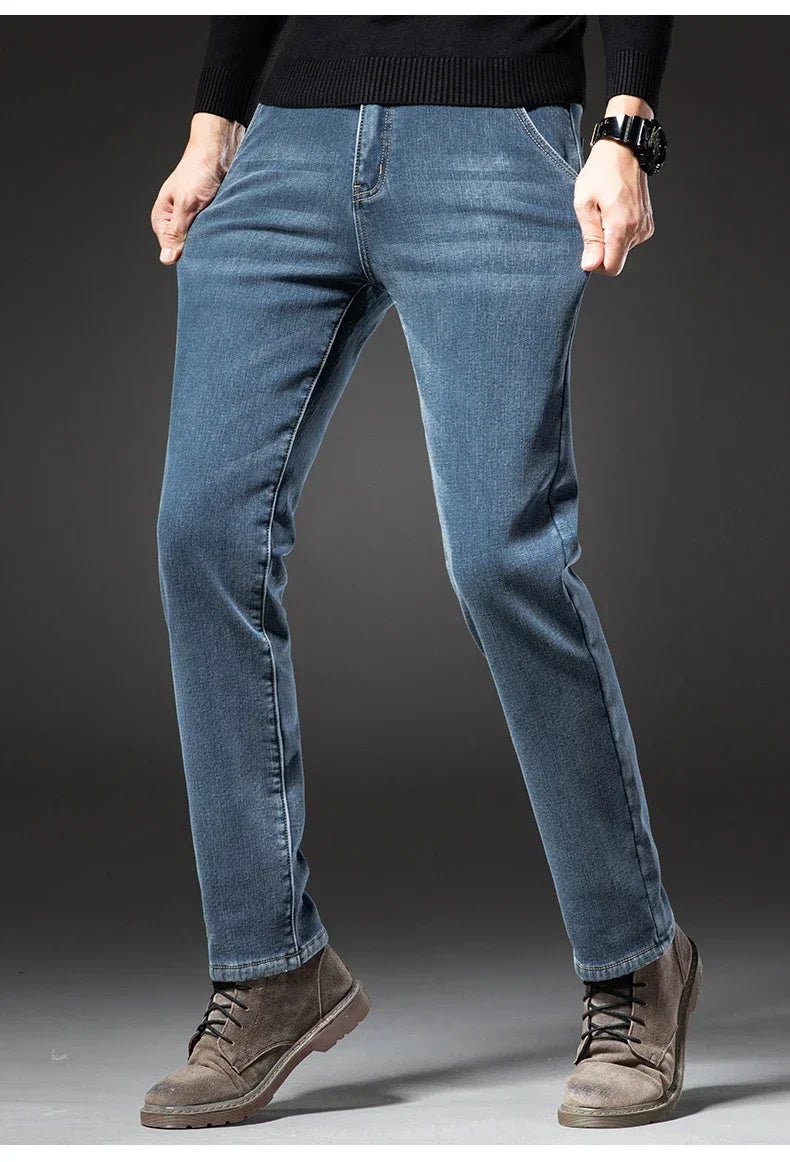 2025 Winter New Men's Fleece Thickened Jeans Retro Blue Hot Straight Casual Pants Stretch Premium Velvet Warm Denim Pants