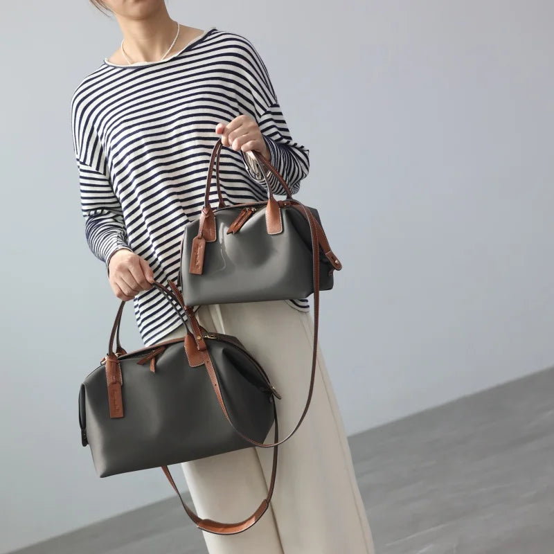 Women's Nylon With Genuine Leather Zipper Tote Lightweight Soft Travling Bags Versatile Style Handbag Different Colors And Size