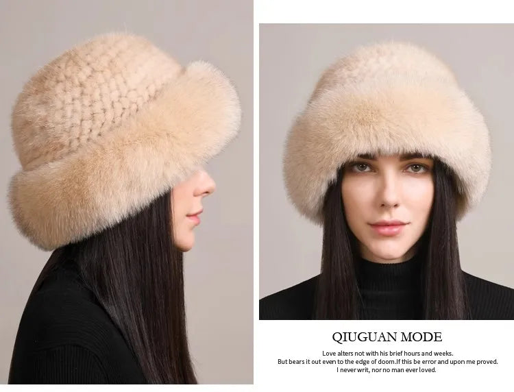 Genuine Knitted Mink Fur Hat with Fox Fur Brim