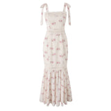 Women White Pink Floral Print Fishtail Skirt Set Chic V Neck Puff Sleeve Ruffle Button Crop Top Suit Elegant Lady Wedding Outfit