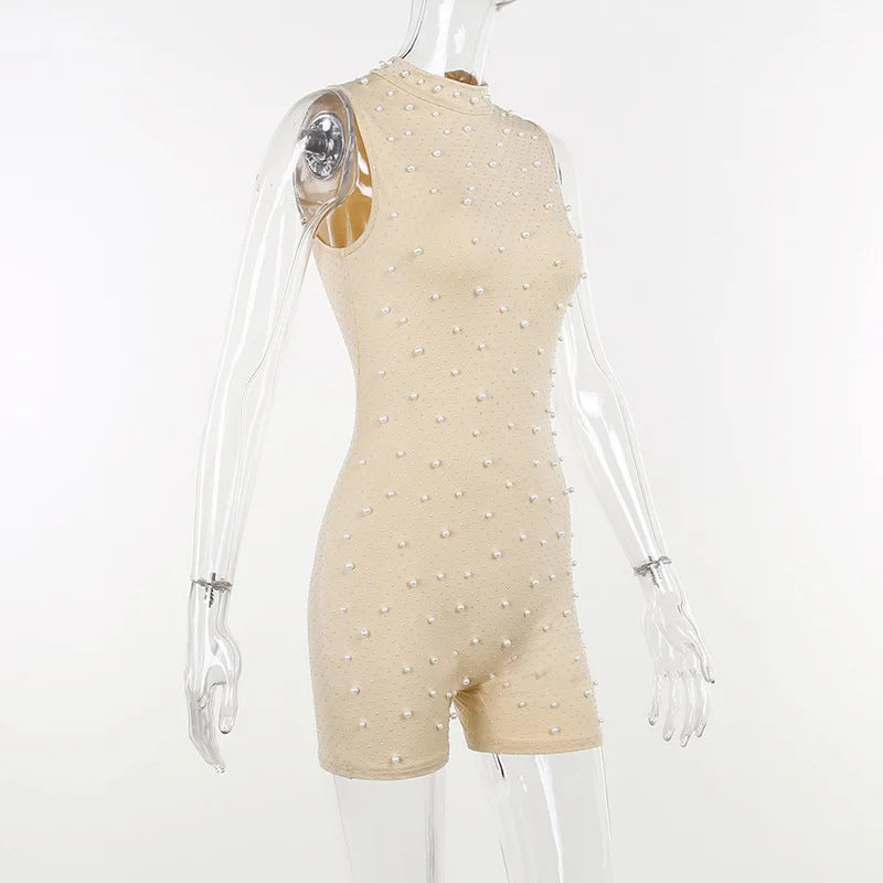 Elegant O-Neck Sleeveless Jumpsuit - Chic Beaded Mesh Mesh Romper in Apricot