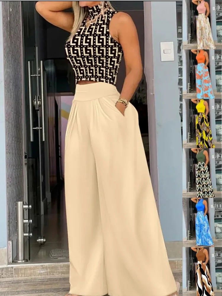 2026 Summer Fashion Printing Two Piece Set Women Casual Solid Sleeveless Tank Top Wide Leg Pants Two Piece Set Women